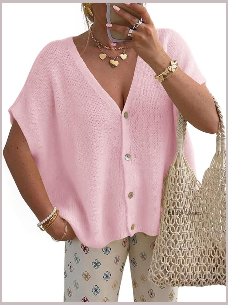 Lightweight Short Sleeve Cardigan V-Neck Loose Fit Casual Knit Sweater